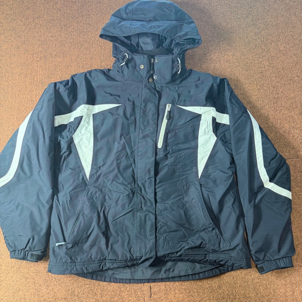 LL Bean Mens Large Insulated Winter Jacket Navy Blue White Hooded Ski Coat 0JNH8
